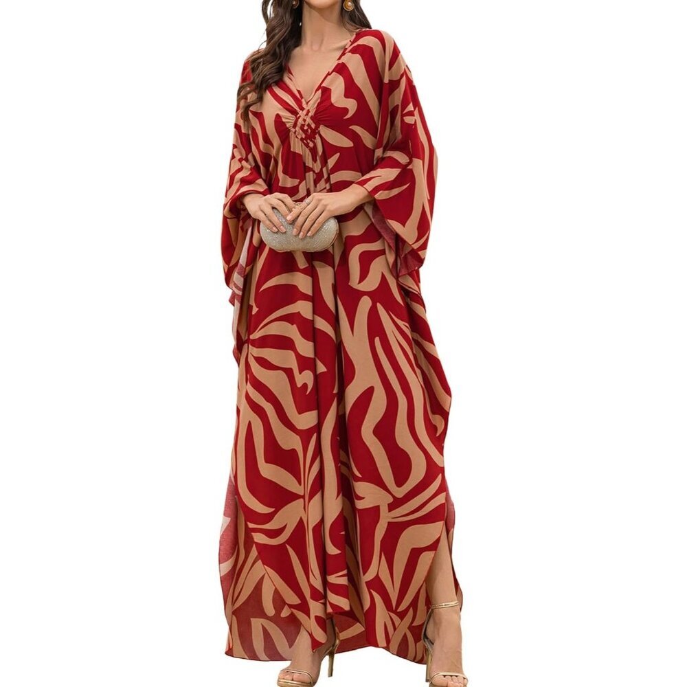 Women's Red V Neck Stripe Batwing Sleeves Summer Beach Cover Up Kaftan Dress
